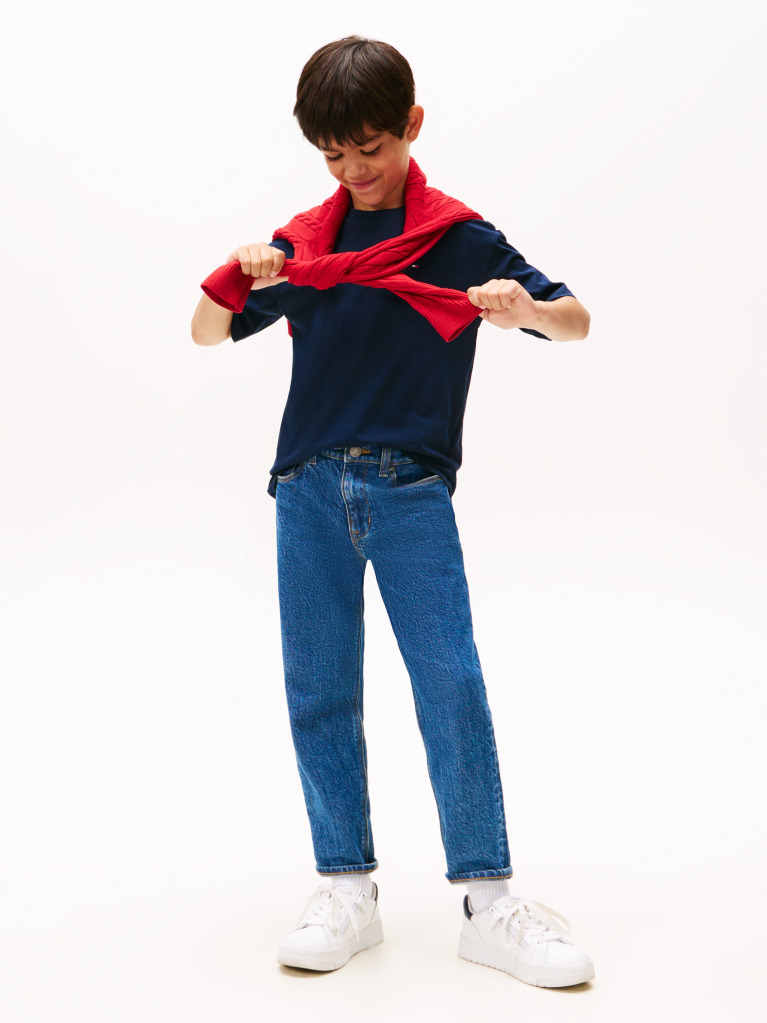 Blue Tricou Cu Guler Rotund Si Broderie Steag  Baieti