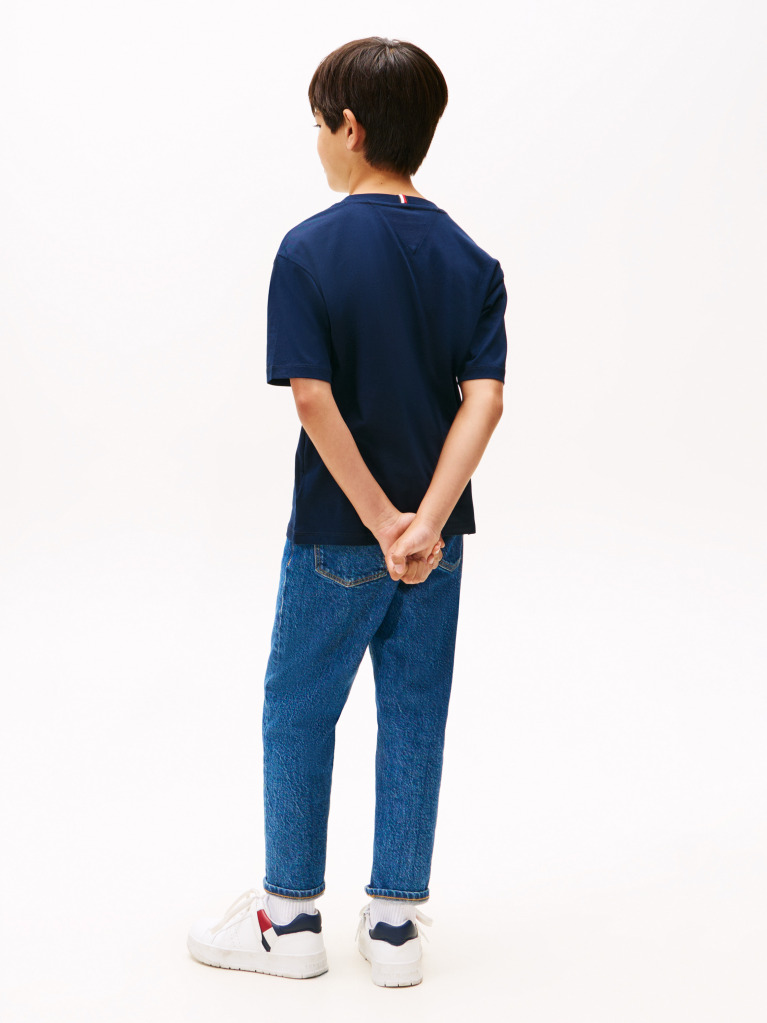Blue Tricou Cu Guler Rotund Si Broderie Steag  Baieti