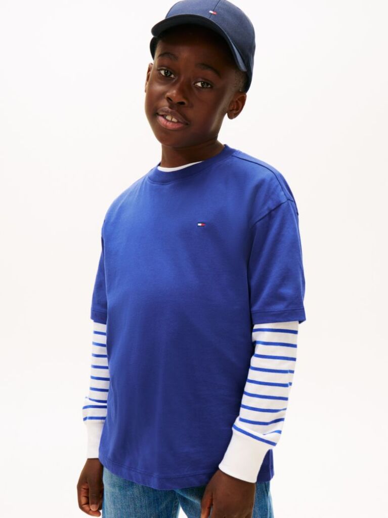 Blue Tricou Cu Guler Rotund Si Broderie Steag  Baieti