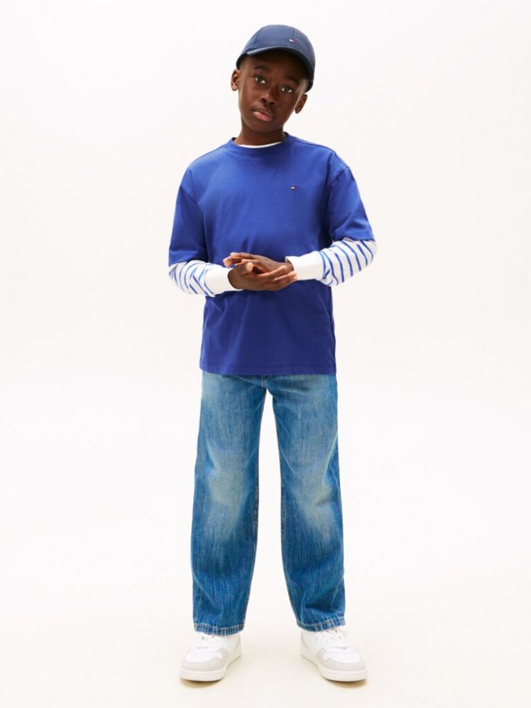 Blue Tricou Cu Guler Rotund Si Broderie Steag  Baieti