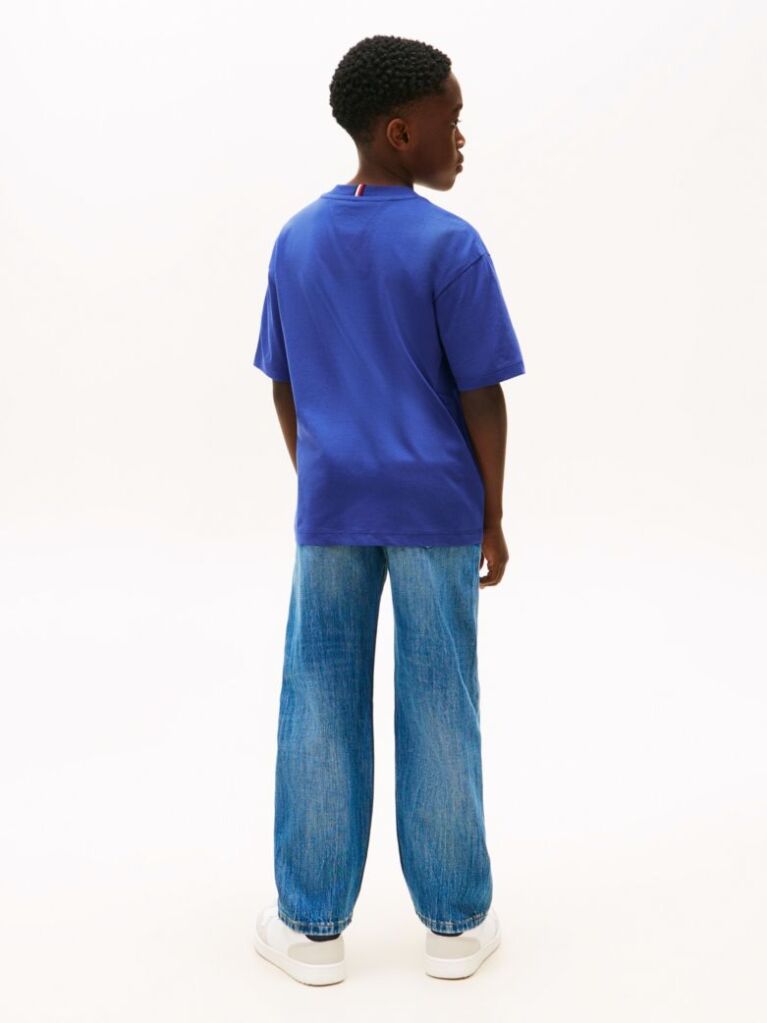 Blue Tricou Cu Guler Rotund Si Broderie Steag  Baieti