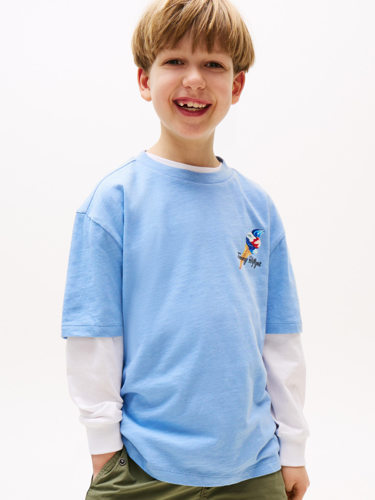 Blue Tricou Texturat Cu Grafica Pe Spate  Baieti