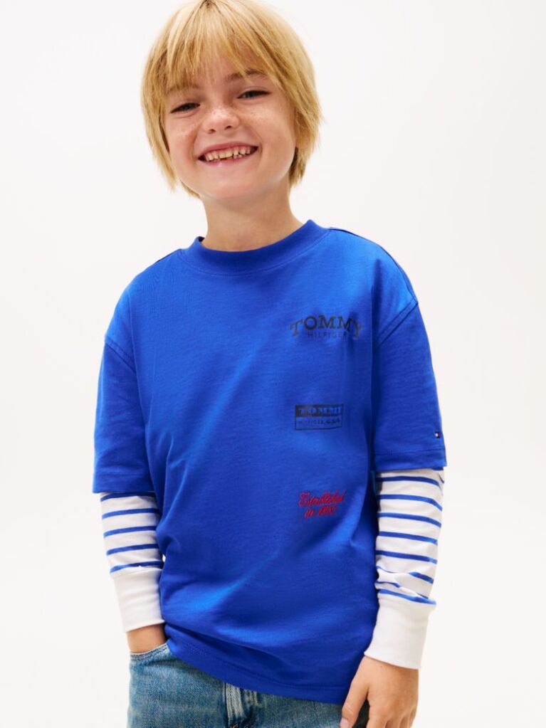 Blue Tricou Din Jersey Cu Imprimeu Multi Logo Pe Spate  Baieti