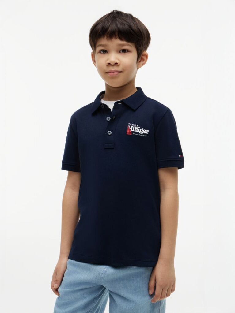 Blue Tricou Polo Cu Croiala Normala Si Broderie Grafica  Baieti