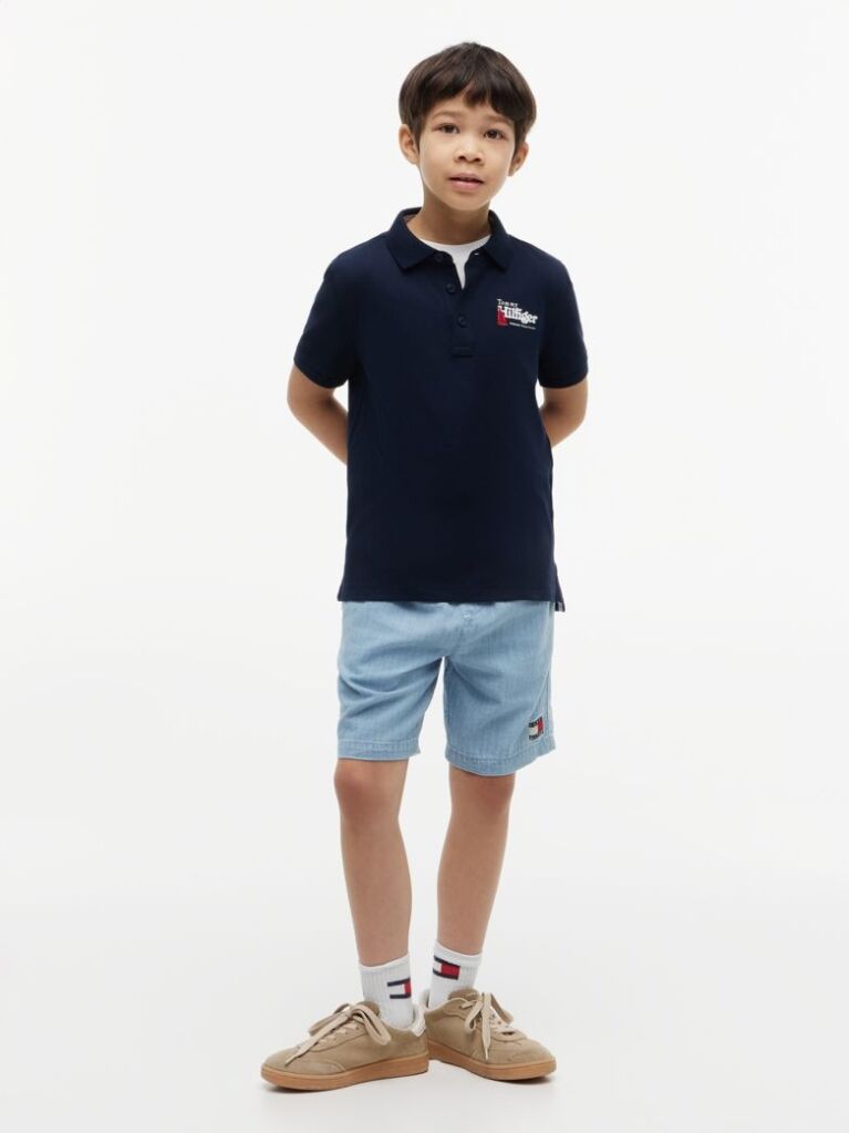 Blue Tricou Polo Cu Croiala Normala Si Broderie Grafica  Baieti