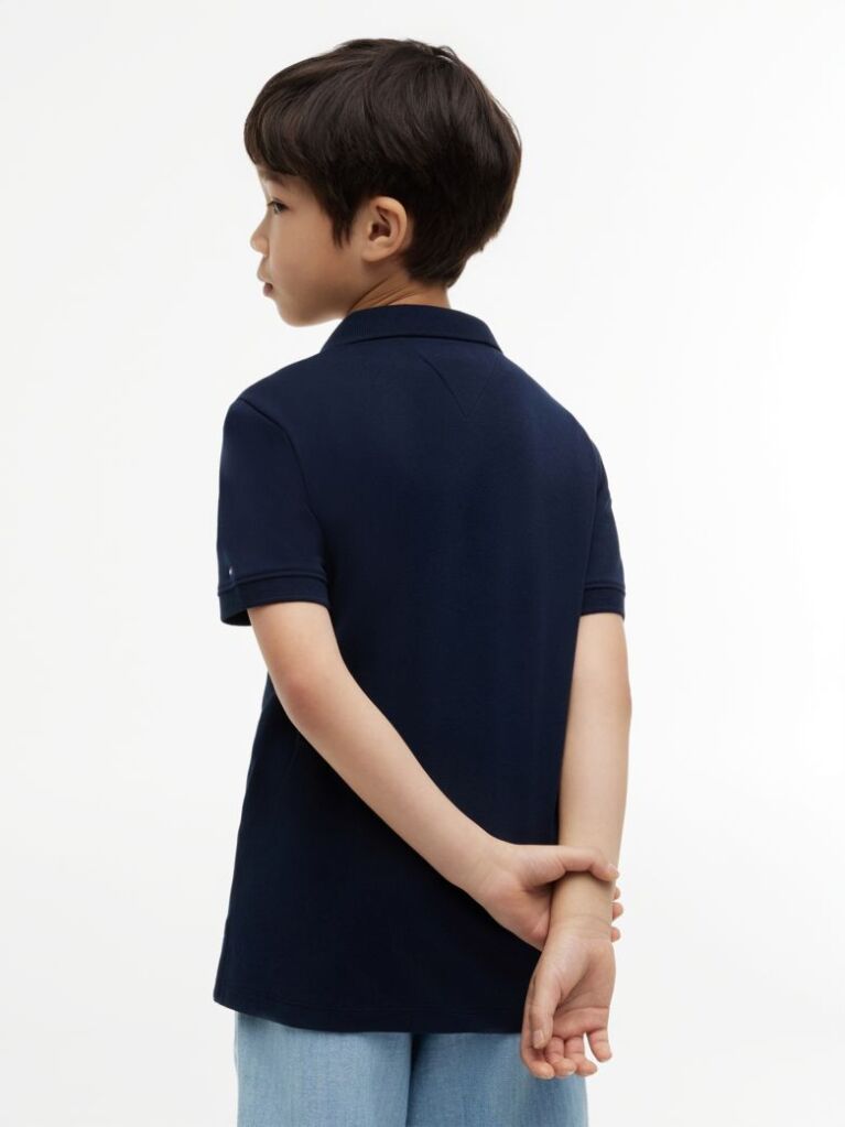Blue Tricou Polo Cu Croiala Normala Si Broderie Grafica  Baieti