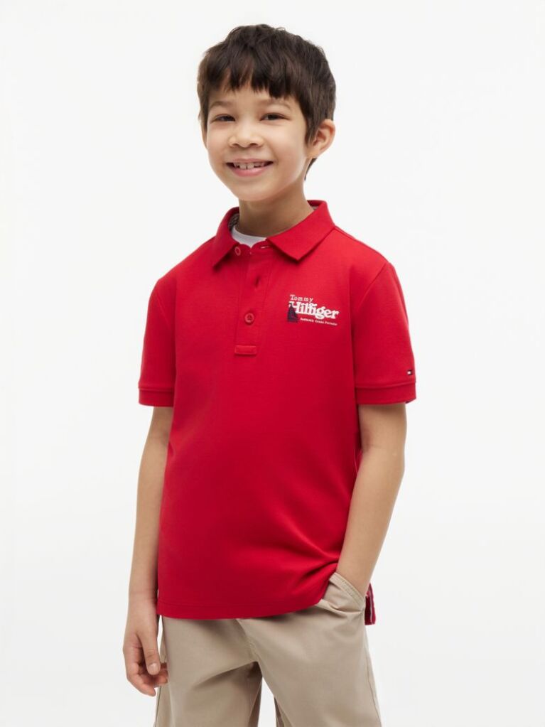 Rosu Tricou Polo Cu Croiala Normala Si Broderie Grafica  Baieti