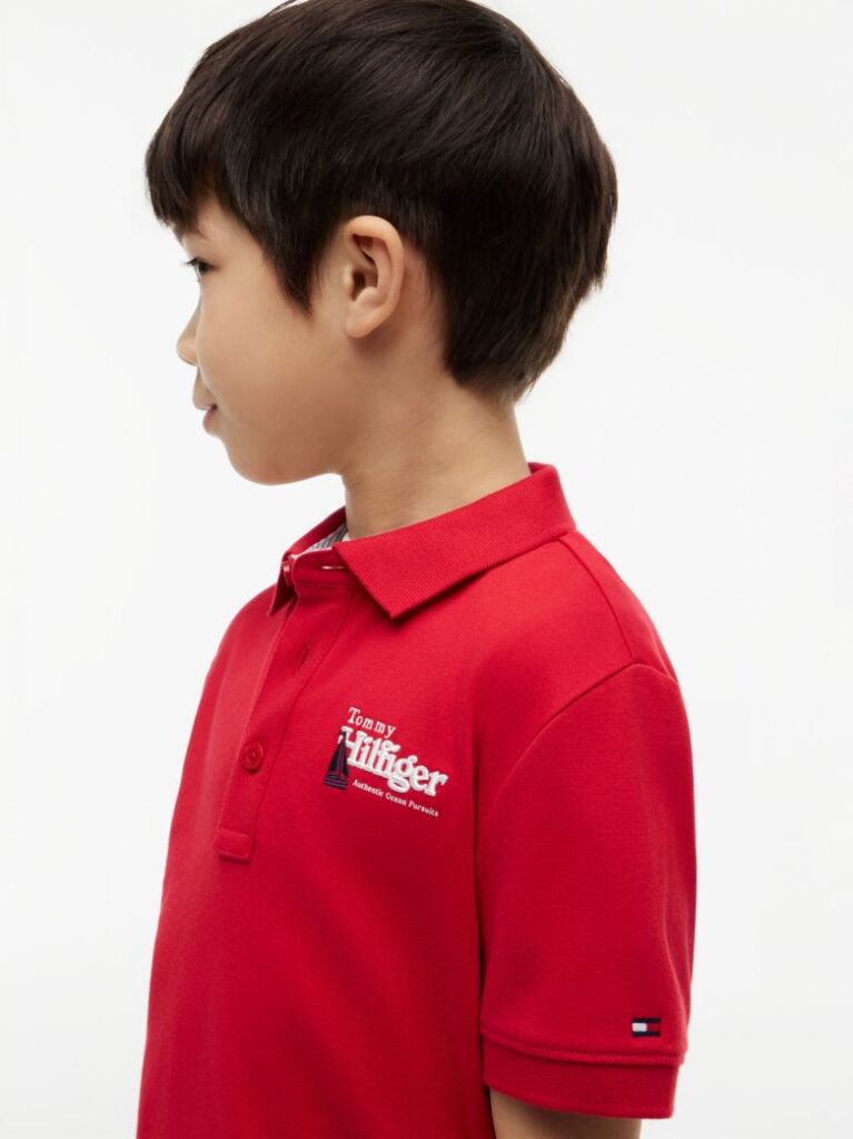 Rosu Tricou Polo Cu Croiala Normala Si Broderie Grafica  Baieti