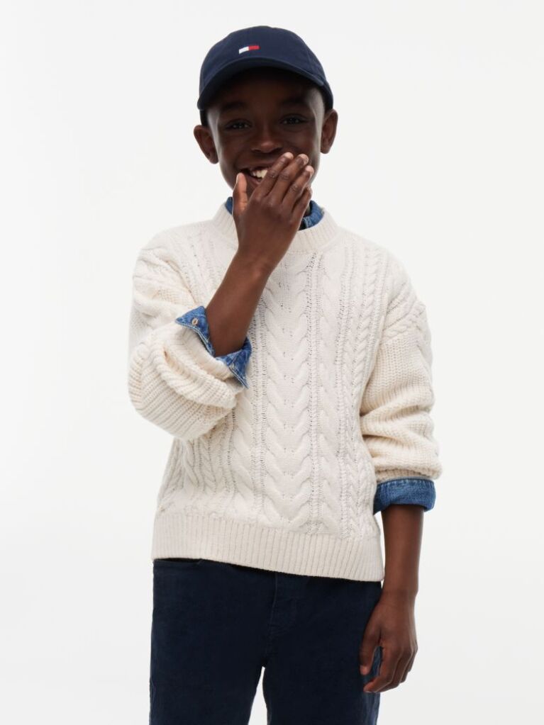 Beige Logo Appliqué Cable Knit Jumper  Boys
