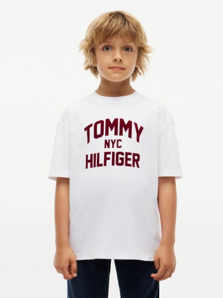 Alb T-Shirt Din Jerseu Cu Guler Rotund Si Logo  Baieti