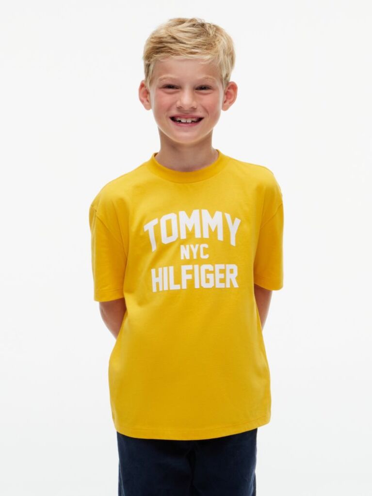 Galben T-Shirt Din Jerseu Cu Guler Rotund Si Logo  Baieti