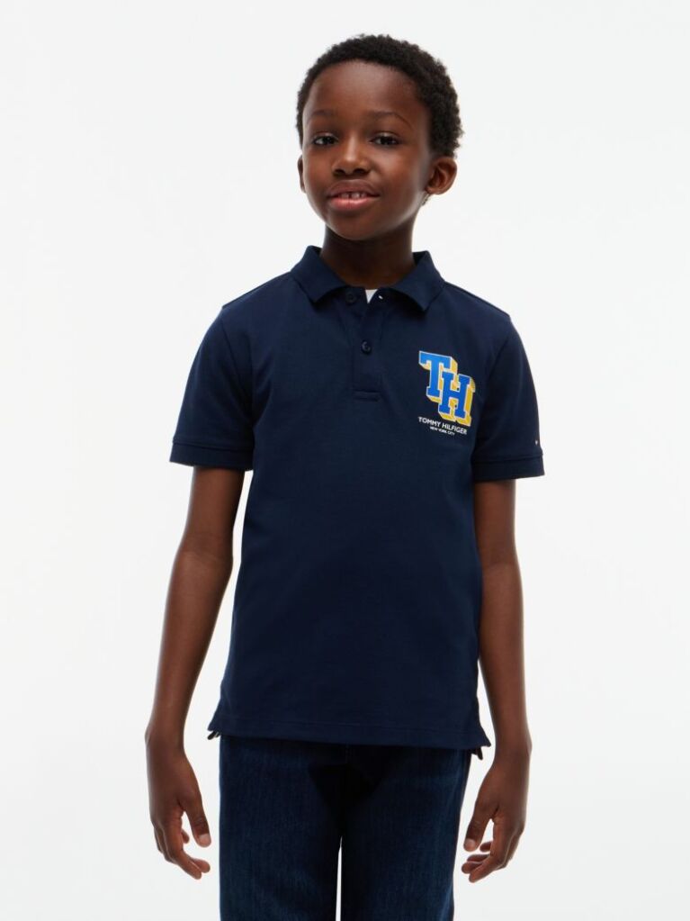 Blue Polo Pique Cu Croiala Regular Si Logo  Baieti