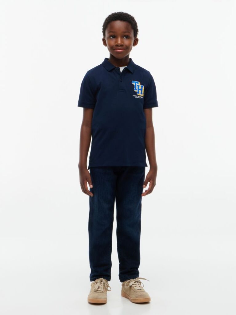 Blue Polo Pique Cu Croiala Regular Si Logo  Baieti
