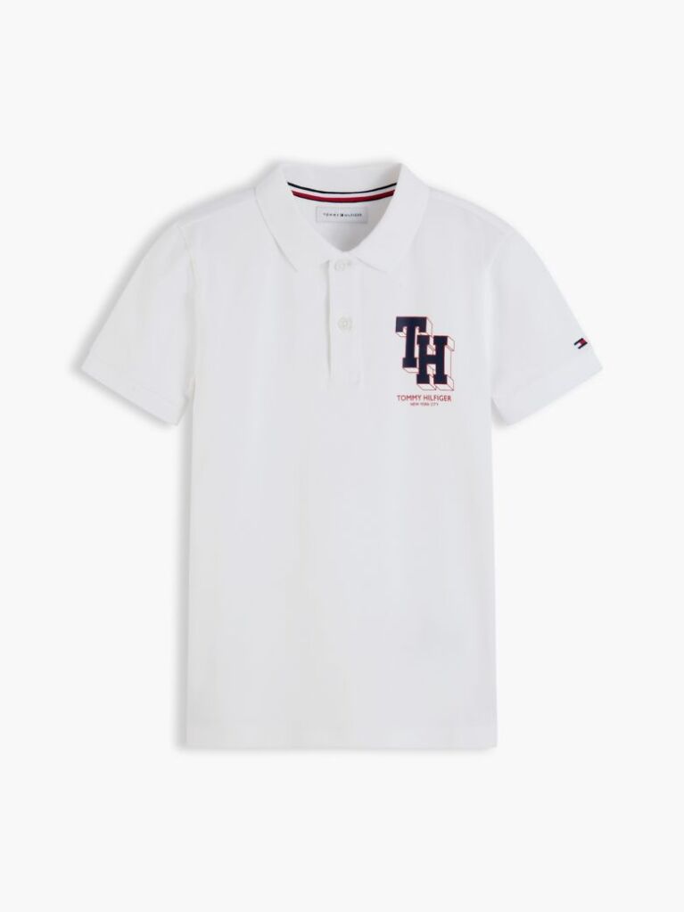 Alb Polo Pique Cu Croiala Regular Si Logo  Baieti