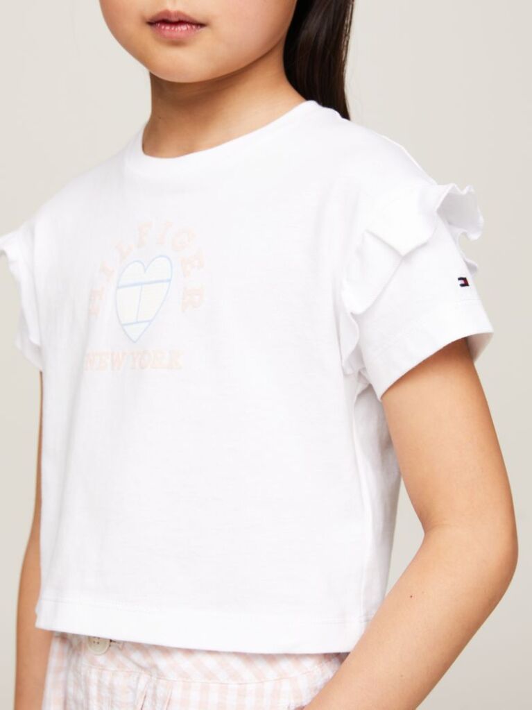 Alb Tricou Cu Maneci Cu Volane Si Emblema  Fete