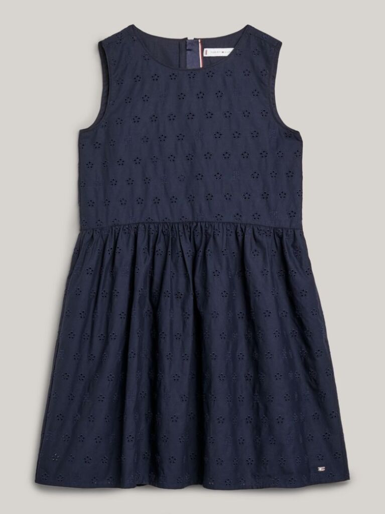 Blue TH Monogram Broderie Anglaise Sleeveless Dress  Girls