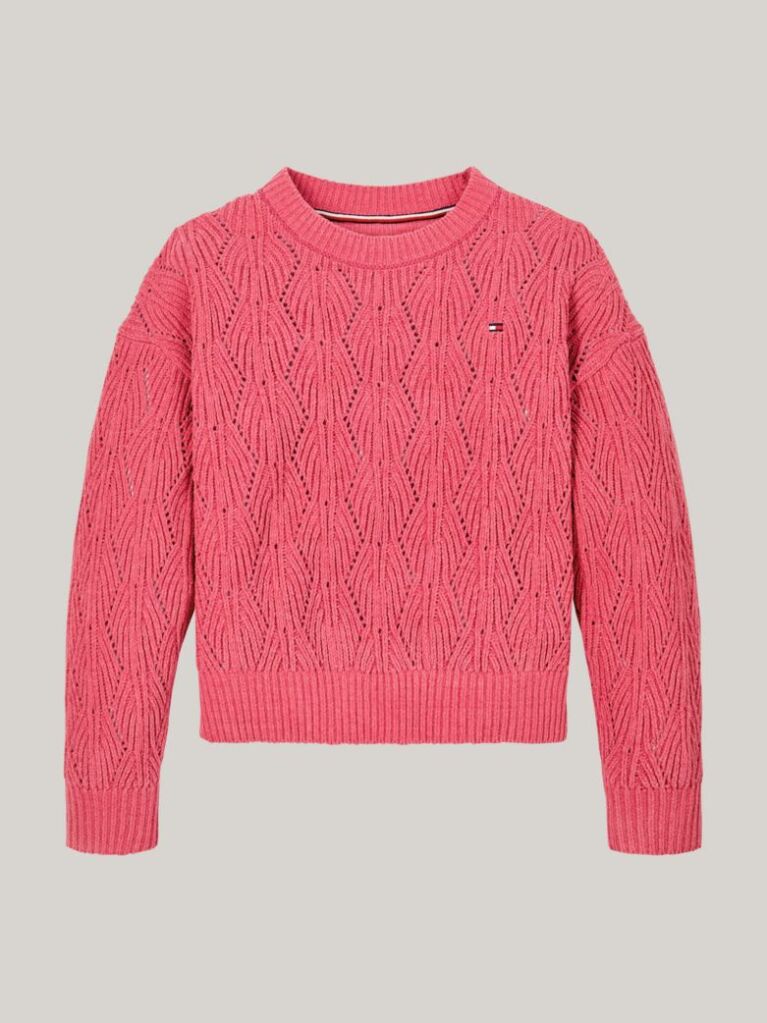 Rosu Pulover Chenille Relaxed Cu Tricot Perforat  Fete