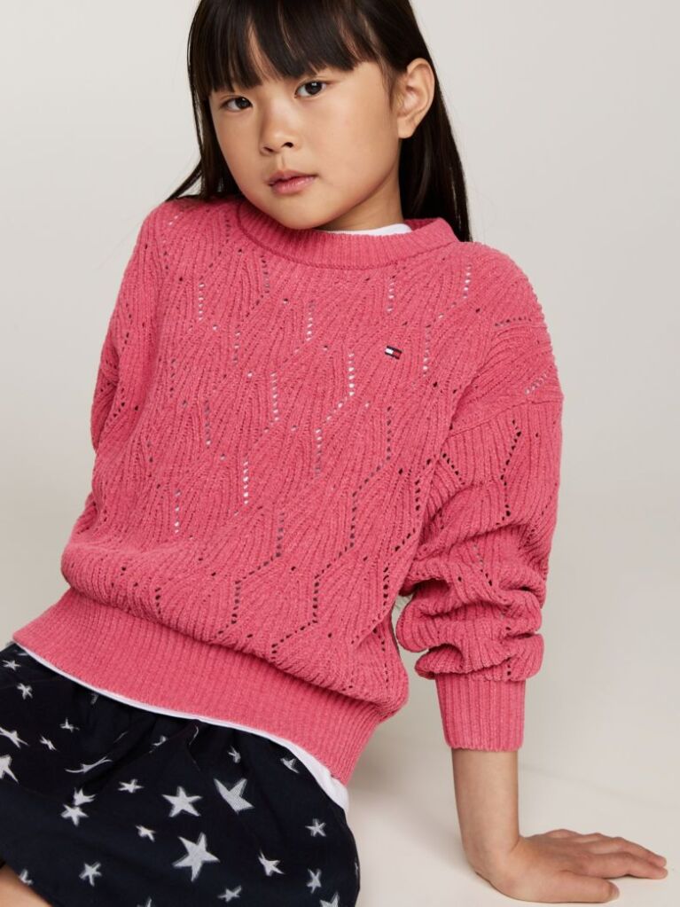 Rosu Pulover Chenille Relaxed Cu Tricot Perforat  Fete
