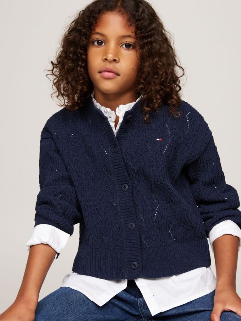 Blue Open Knit Chenille Boxy Cardigan  Girls