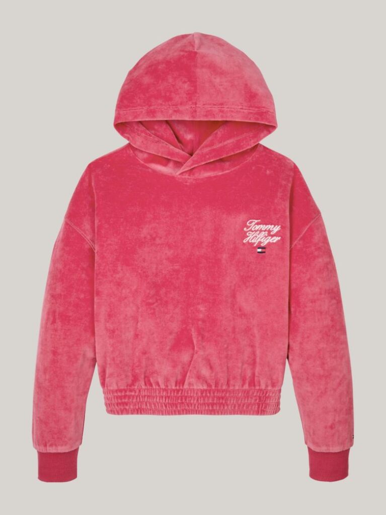 Rosu Hanorac Cu Gluga Si Logo Script  Din Velour  Fete
