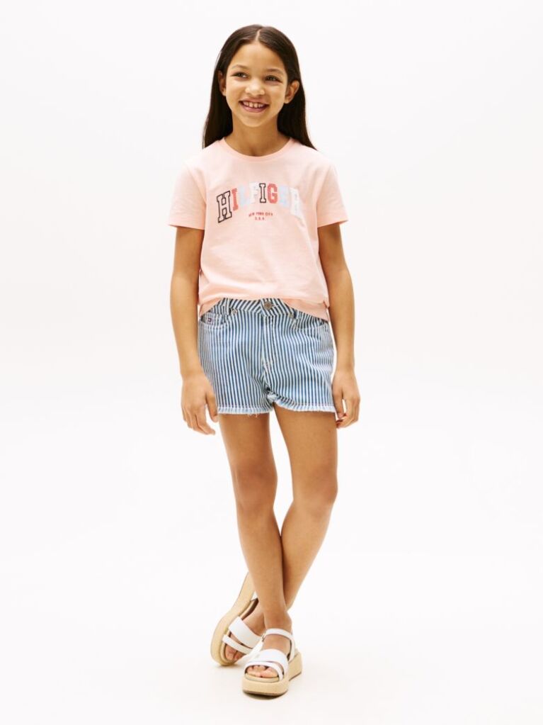 Roz Tricou Cu Guler Rotund Si Logo Varsity  Fete