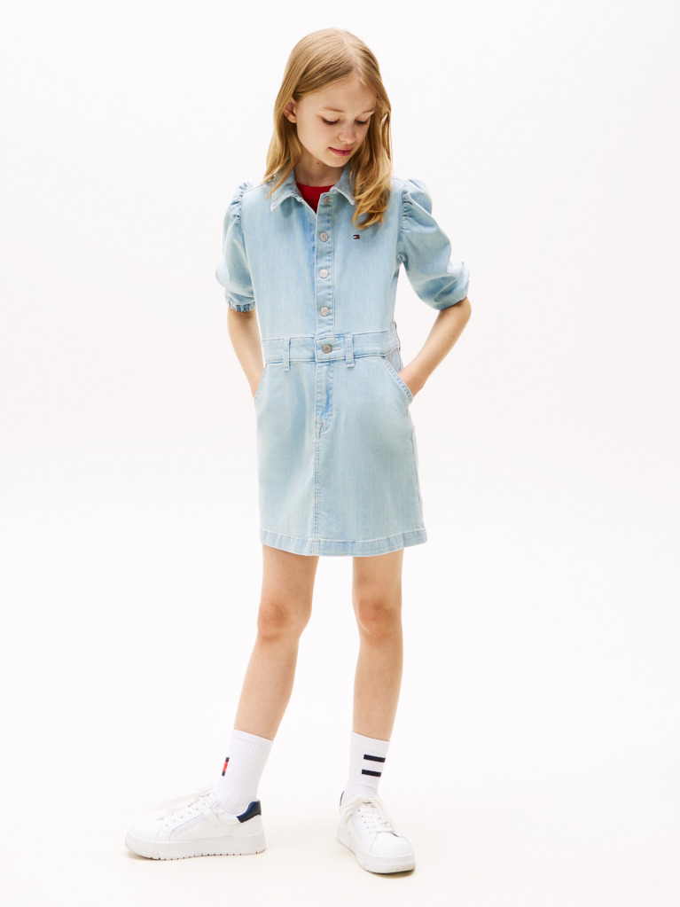 Blue Rochie Din Denim Cu Maneci Bufante  Fete