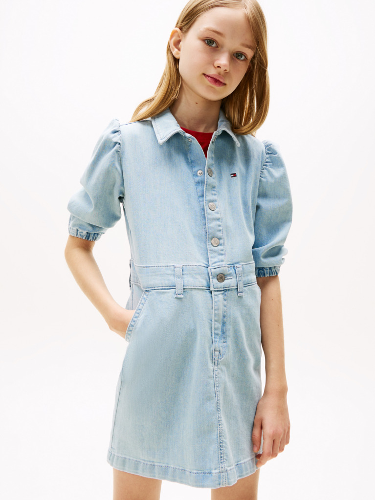 Blue Rochie Din Denim Cu Maneci Bufante  Fete