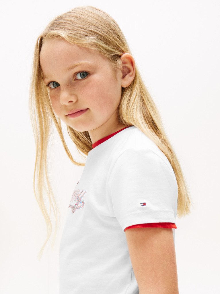 Alb Tricou Cu Maneca Scurta Si Tommy Script Cu Paiete  Fete