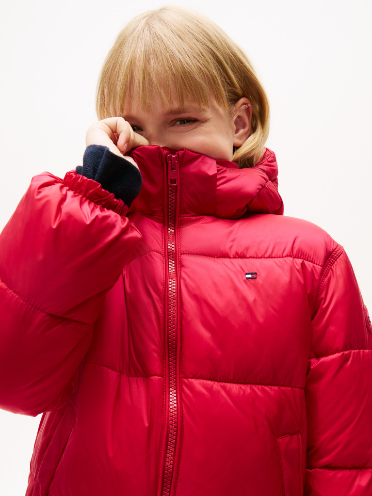 Red Shiny Relaxed Hooded Puffer Jacket  Girls
