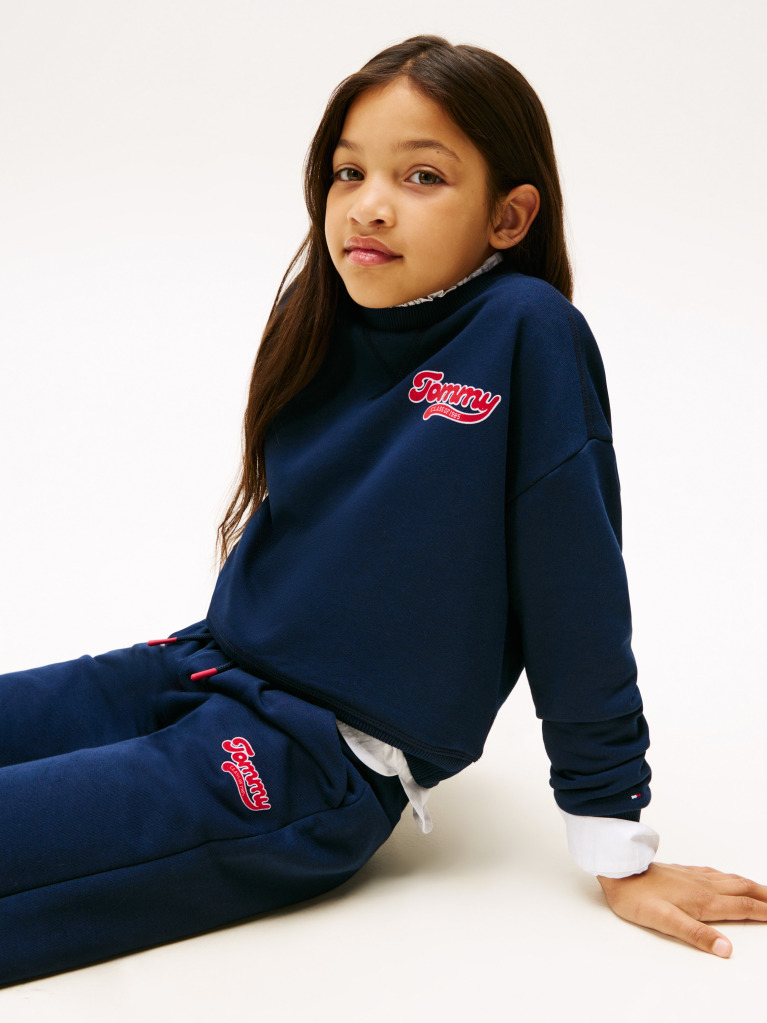 Blue Pantaloni Jogger Varsity Cu Croiala Larga Si Logo  Fete