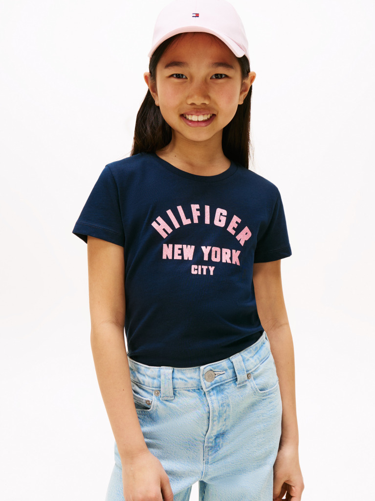 Blue Tricou Cu Logo NYC Curve Si Glitter  Fete