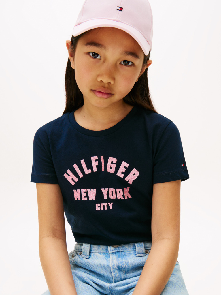 Blue Tricou Cu Logo NYC Curve Si Glitter  Fete