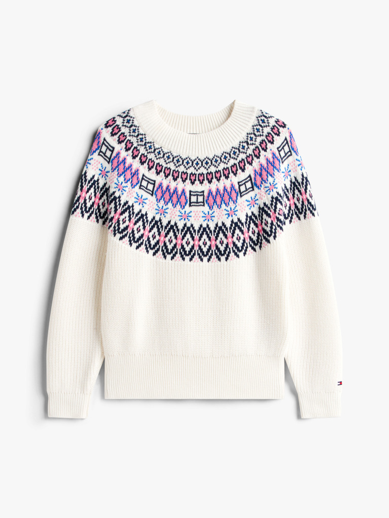 Bej Pulover Relaxat Cu Maneca Bufanta Si Model Fair Isle  Fete
