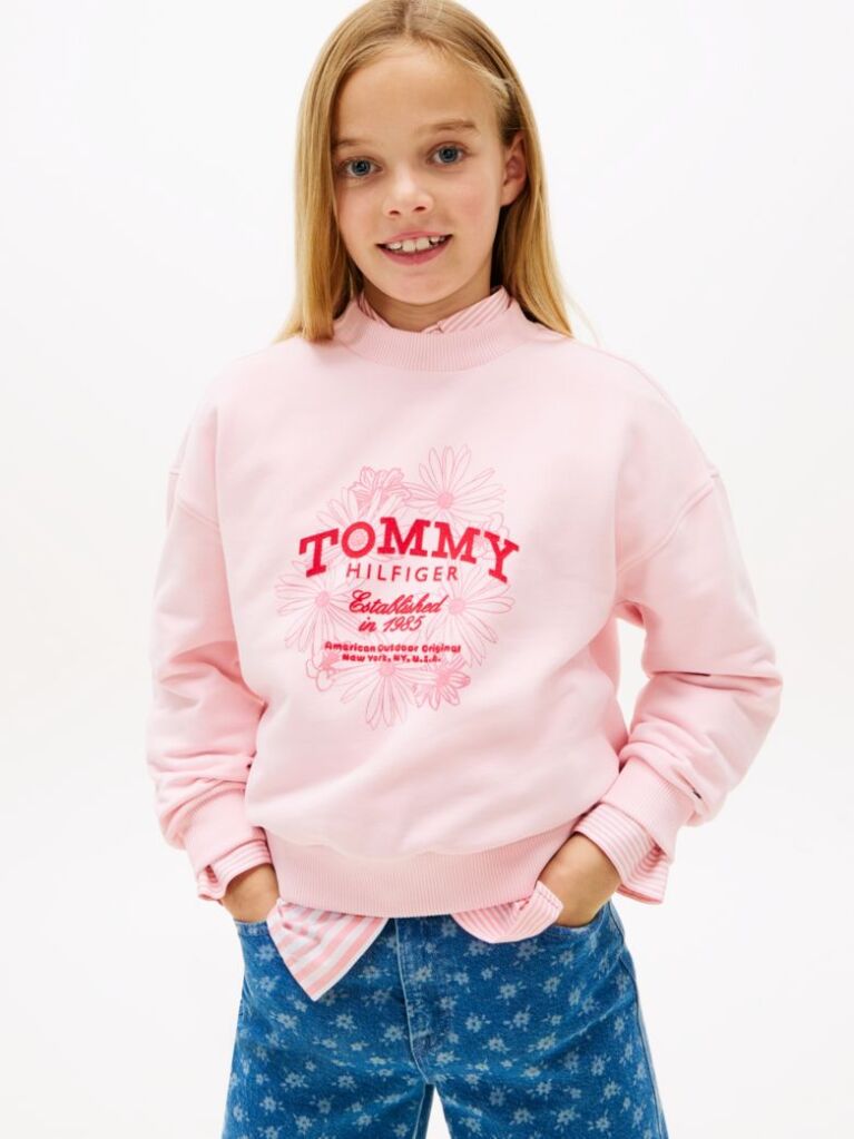 Pink Hoodie with Round Collar and Flock Logo  Girls
