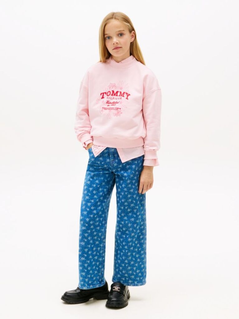 Pink Hoodie with Round Collar and Flock Logo  Girls