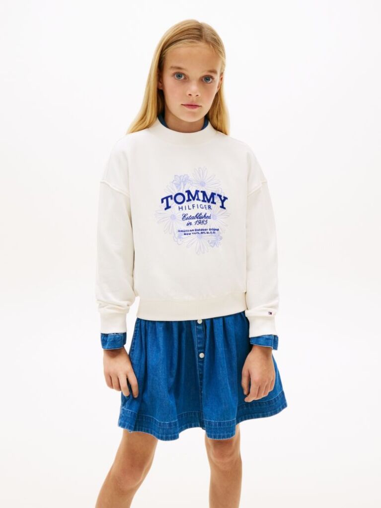 White Hoodie with Round Collar and Flock Logo  Girls