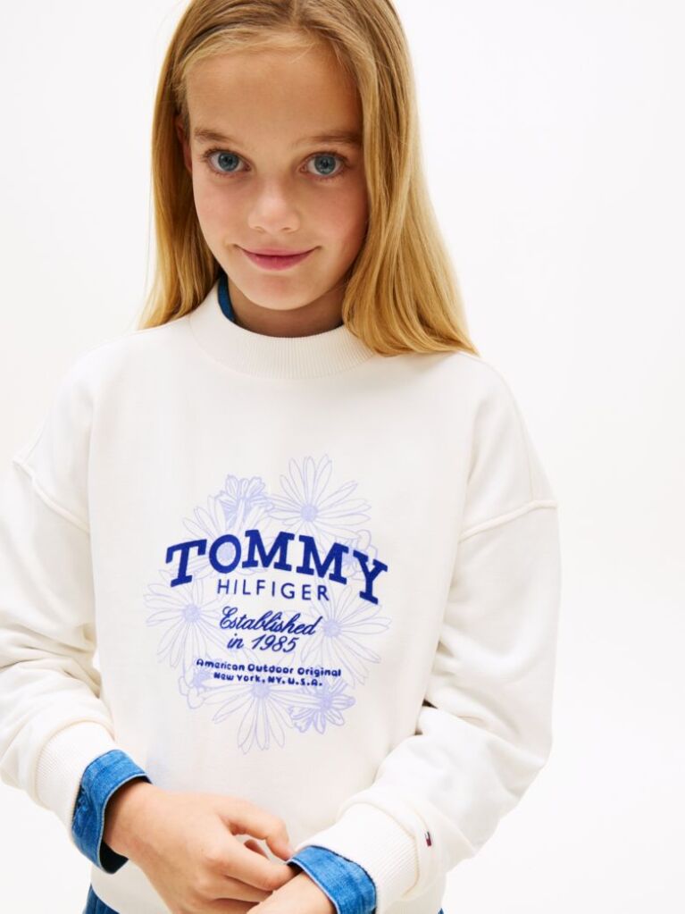 White Hoodie with Round Collar and Flock Logo  Girls