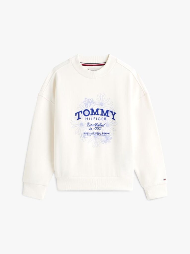White Hoodie with Round Collar and Flock Logo  Girls