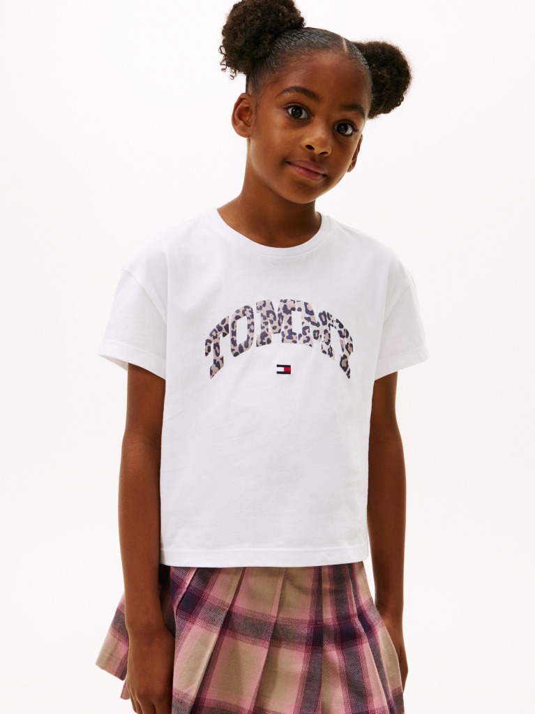 Alb Tricou Varsity Din Sateen Cu Print Leopard Si Logo  Fete