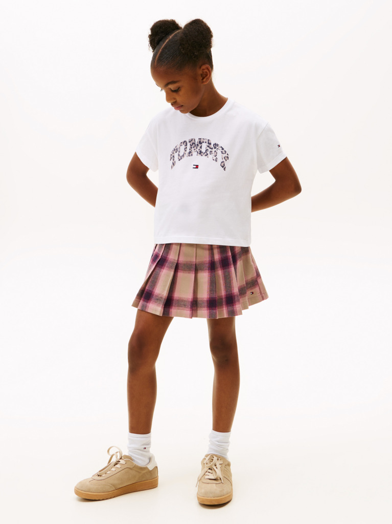 Alb Tricou Varsity Din Sateen Cu Print Leopard Si Logo  Fete