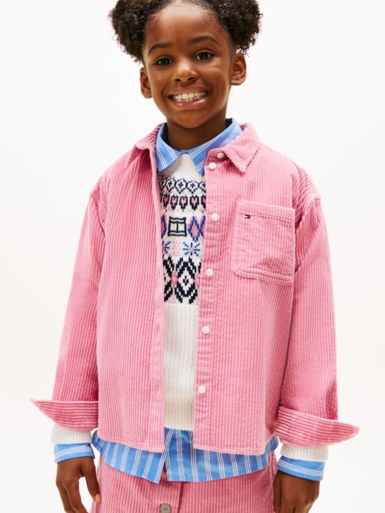 Roz Camasa Overshirt Relaxata Din Catifea Cu Patch Cu Logo  Fete