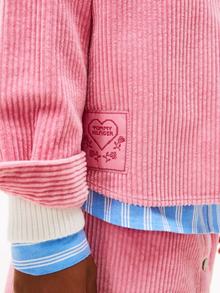 Roz Camasa Overshirt Relaxata Din Catifea Cu Patch Cu Logo  Fete