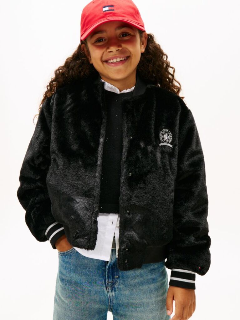 Black Faux Fur Relaxed Bomber Jacket  Girls