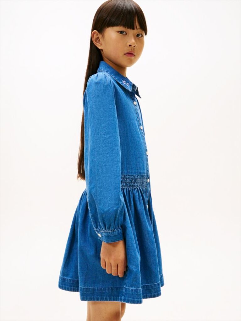 Denim Rochie Denim Cu Maneca Lunga Si Broderie Florala  Fete
