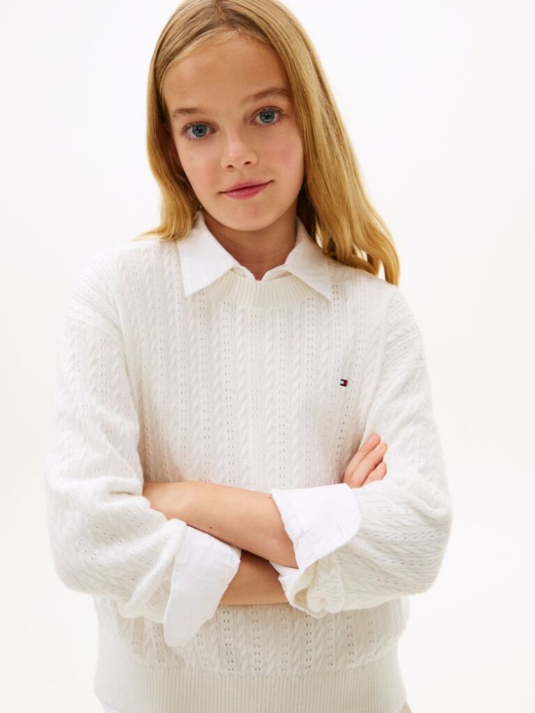 White Pointelle Cable Knit Relaxed Jumper  Girls