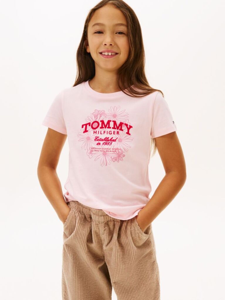 Pink Floral Flock Logo Slim T-Shirt  Girls