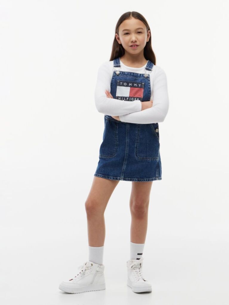 Denim Rochie Salopeta Din Denim Cu Buzunare Si Logo Heritage  Fete