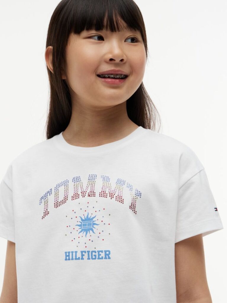 Alb Tricou Lejer Cu Logo Din Rhinestone  Fete