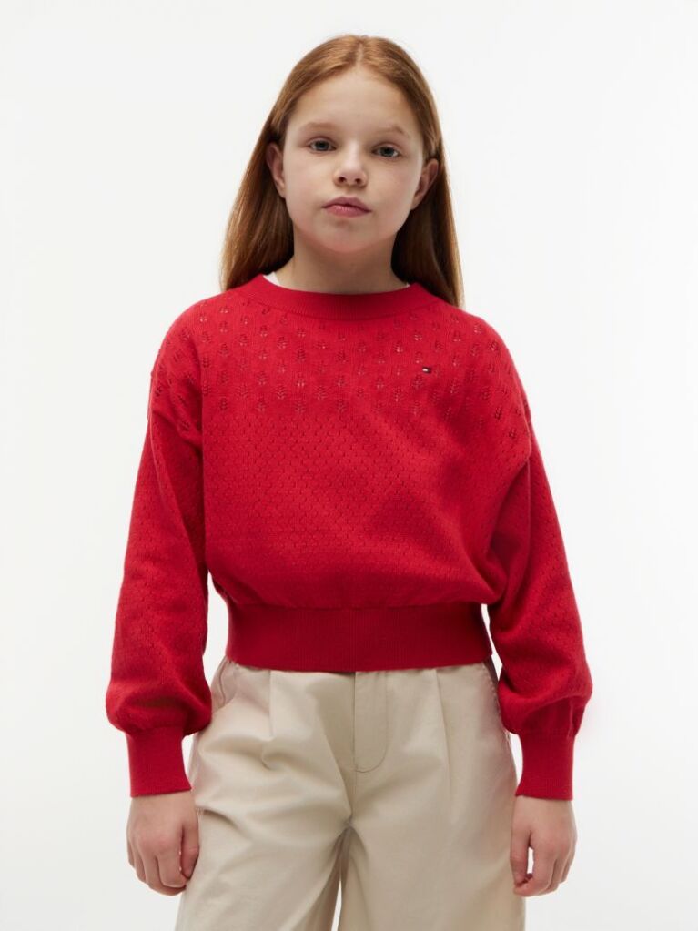 Red Pointelle Relaxed Balloon Sleeve Jumper  Girls