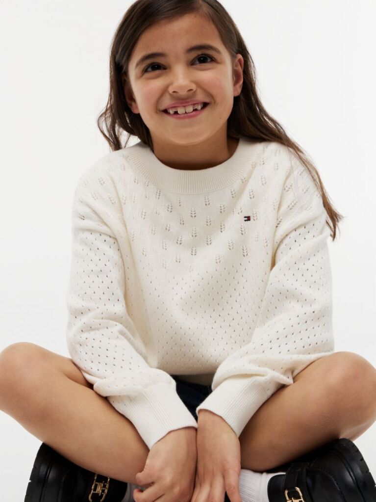 Beige Pointelle Relaxed Balloon Sleeve Jumper  Girls